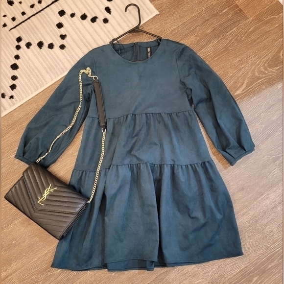 ZARA Heavy‎ Suede Forest Green Tiered Fall Dress Size Small - Picture 8 of 8
